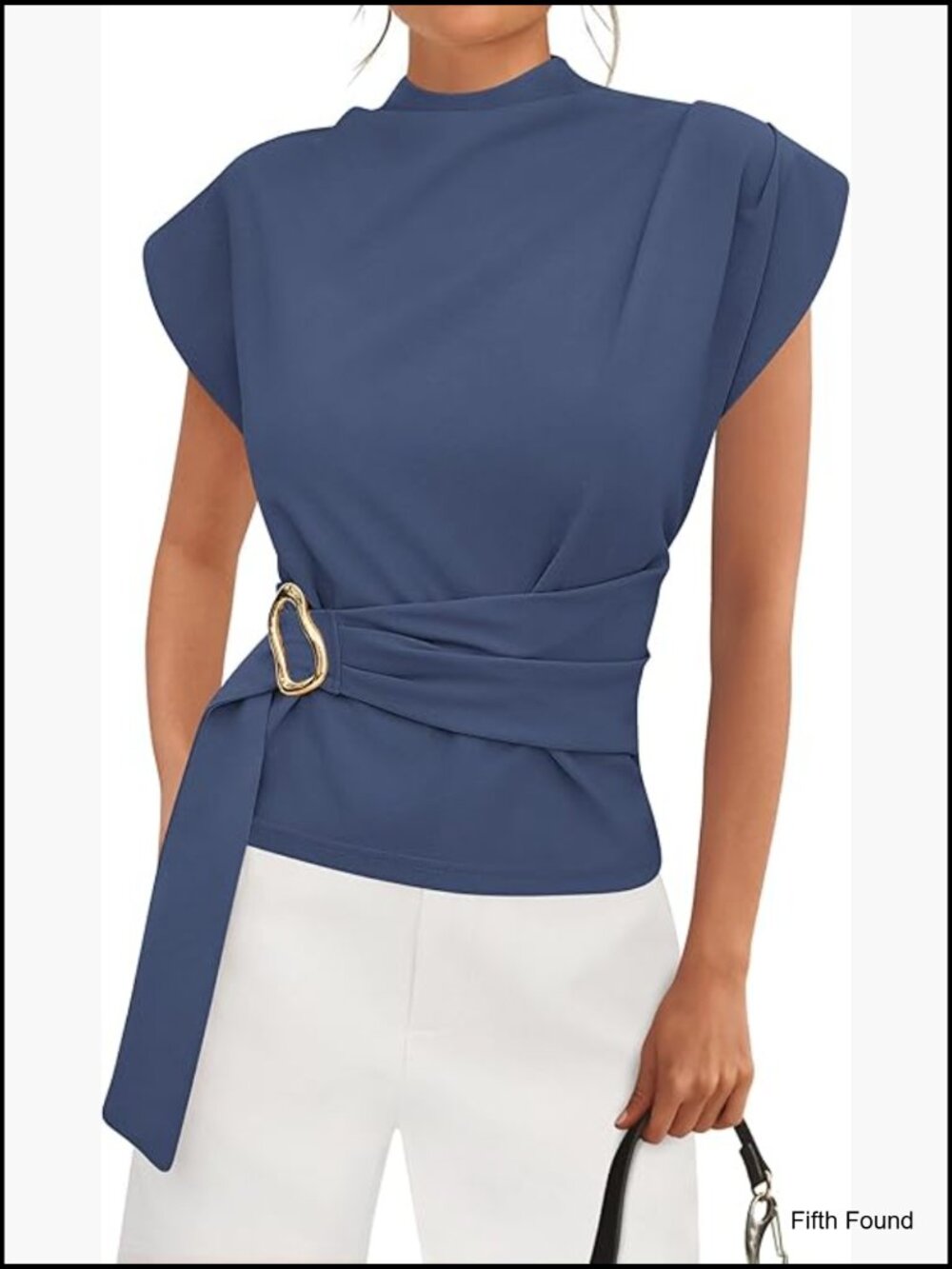 Mock Neck Cap Sleeve Blouse with Buckle Front Tunic Top